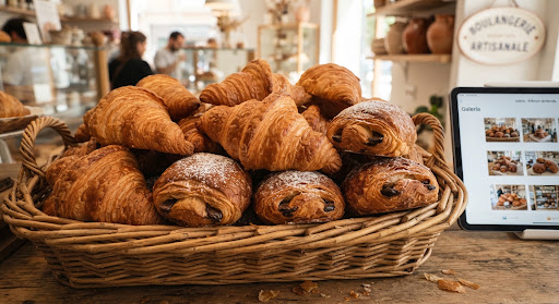 Cesta de croissants dorados recién horneados