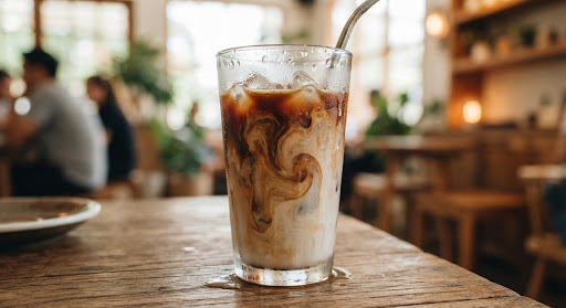 Café helado con condensación en un vaso alto