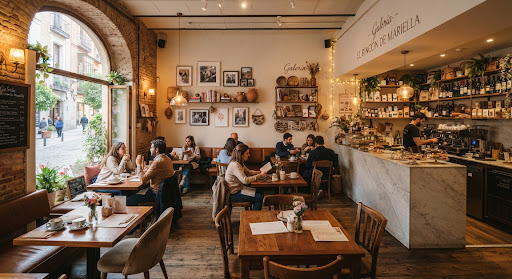 Interior acogedor de la cafetería con mesas de madera
