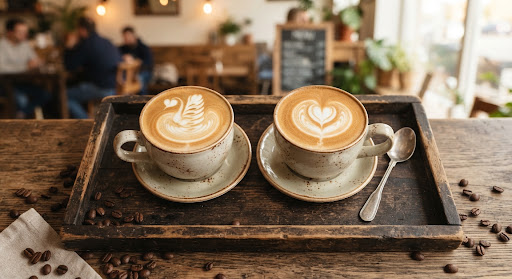 Dos capuchinos con arte latte de cisne y corazón