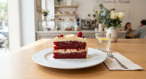 Porción de tarta red velvet con frosting de queso